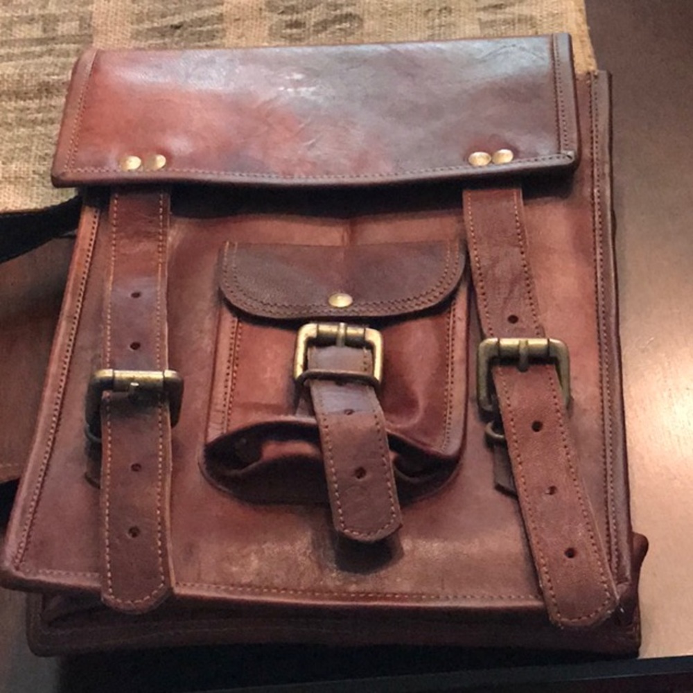Distressed leather messenger bag